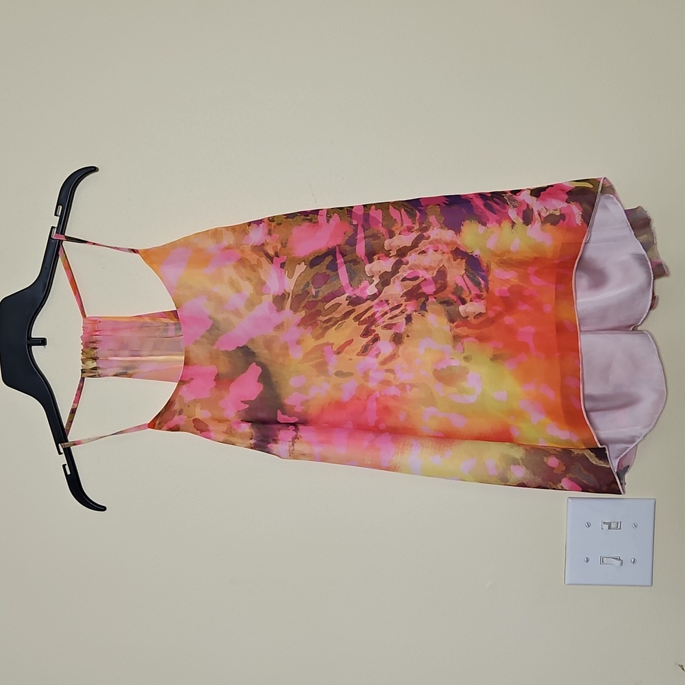 Jennifer Lopez Watercolor Pink Orange Halter Top Flowy Blouse. Sz: XL